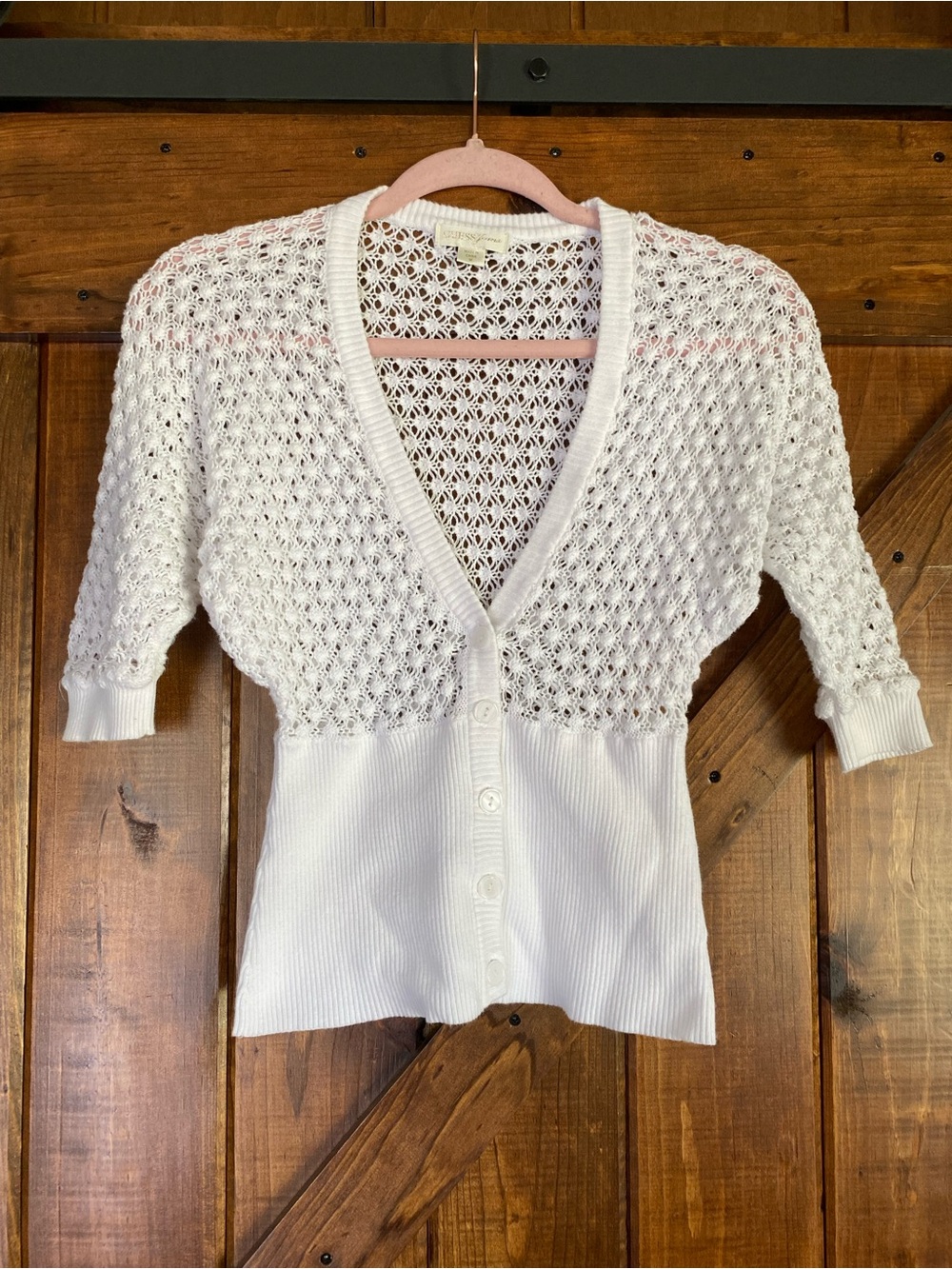 Guess Jeans Y2K White Pointelle V-Neck Button Cardigan